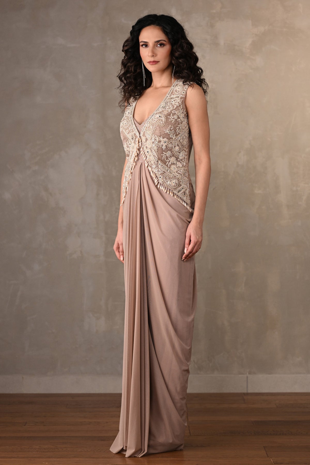 Beige Embellished Gown With Short Jacket