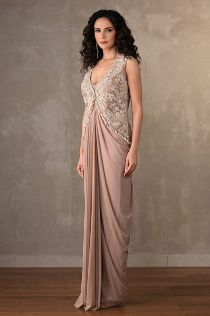 Beige Embellished Gown With Short Jacket