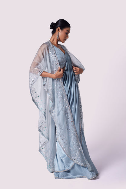 Doctor Blue Drape Saree With Cape