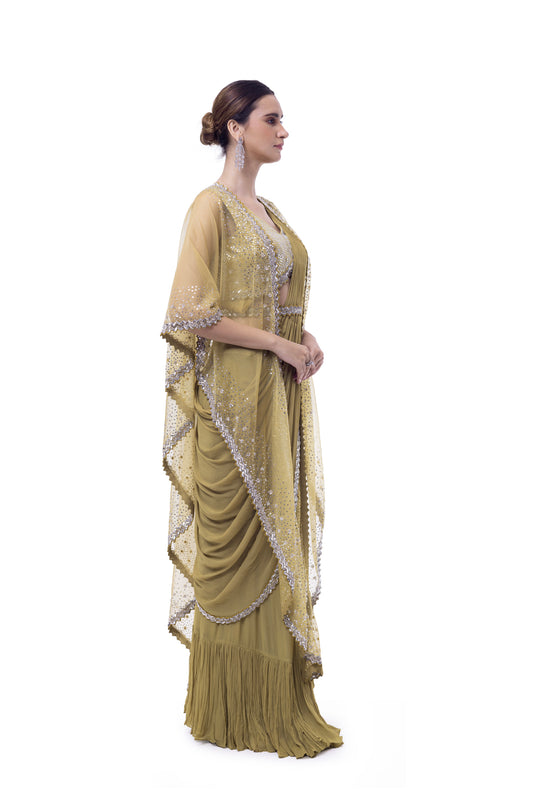 Lime Yellow Drape Saree With Cape