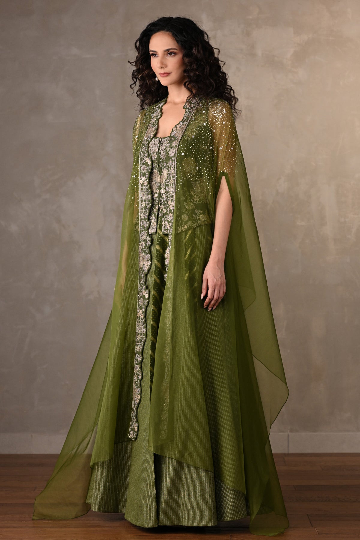 Green Regal Brocade Cape Lehenga Set