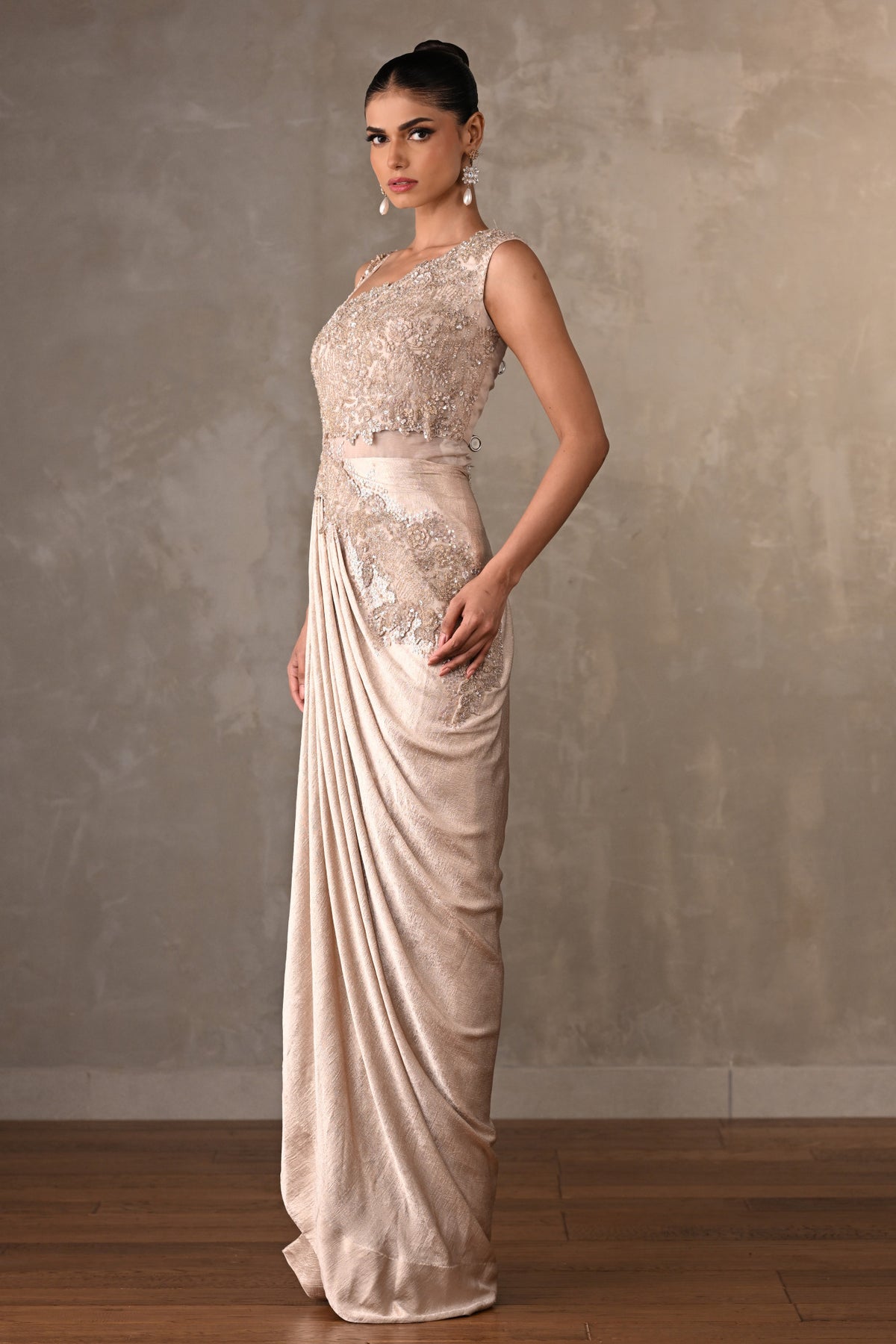 Embellished Satin Drape Gown With Pearl Detailing