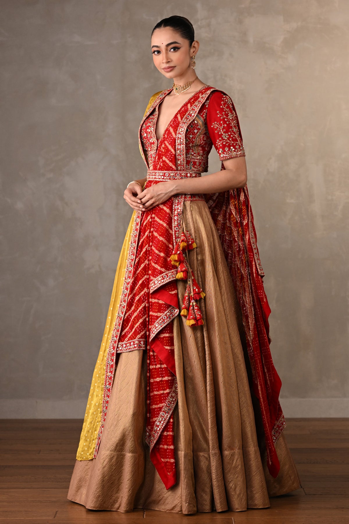 Golden Banarasi Lehenga Set With Double Dupatta
