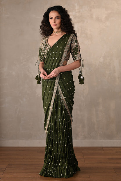 Zariya Olive Embroidered Drape Saree