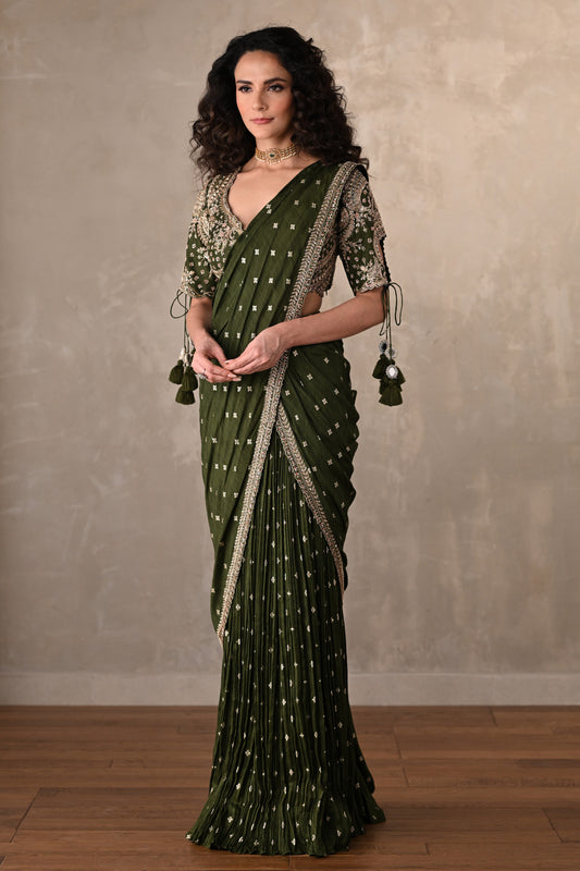 Zariya Olive Embroidered Drape Saree