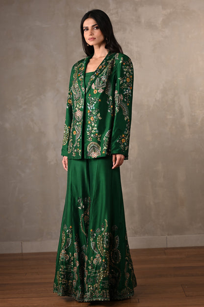 Green Silk Jacket And Sharara Set With Intricate Embroidery