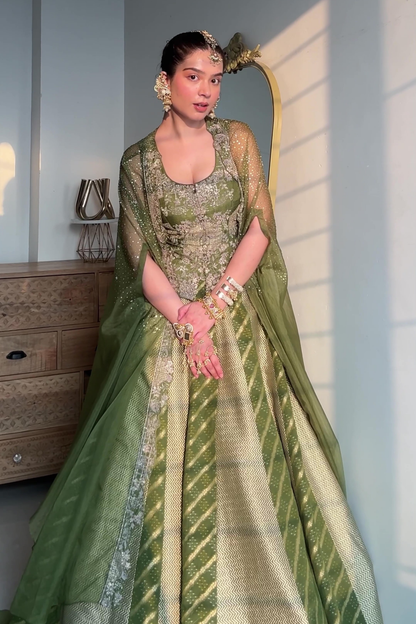 Green Regal Brocade Cape Lehenga Set