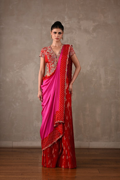 Bandhani Drape Set with Pleated Banarasi Pants