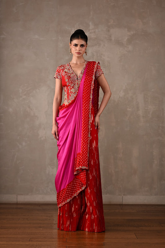 Bandhani Drape Set with Pleated Banarasi Pants