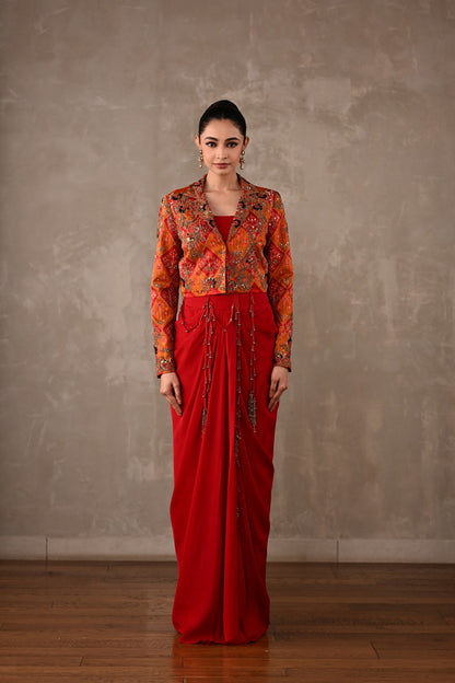 Pochampally Cropped Jacket & Drape Skirt Set