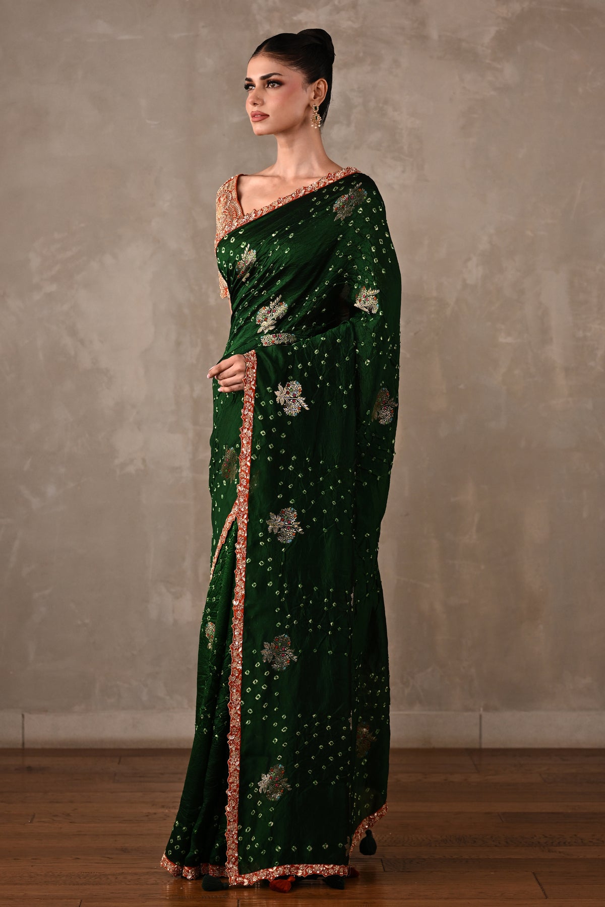 Katan Silk Bandhej Saree with Embroidered Blouse