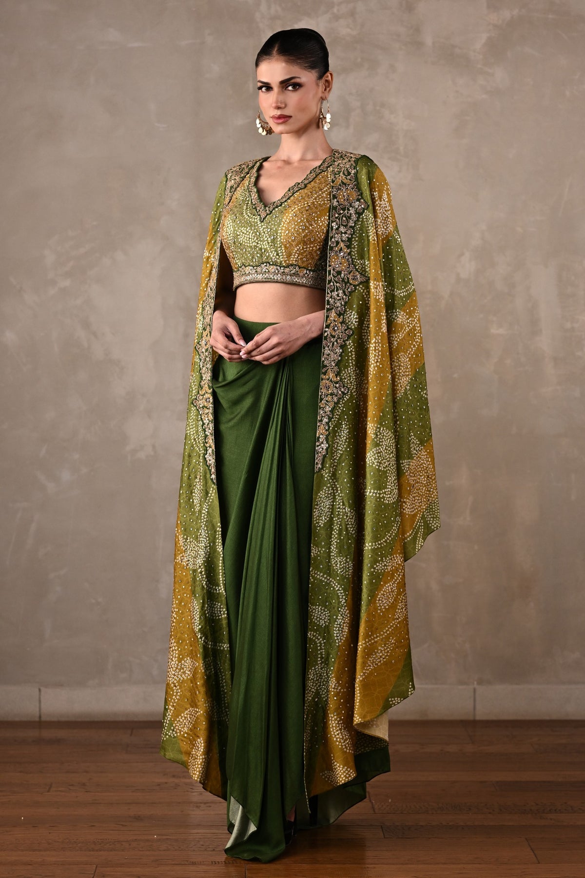 Embellished Silk Cape & Drape Skirt Set