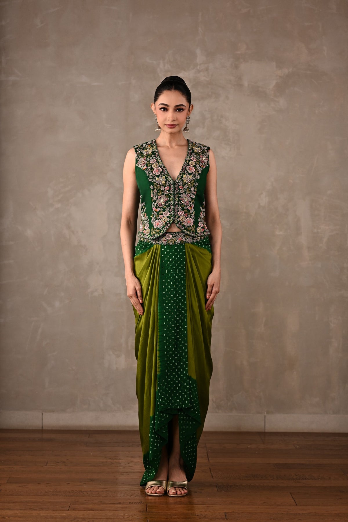 Zardosi Embroidered Top & Bandhej Drape Skirt Set