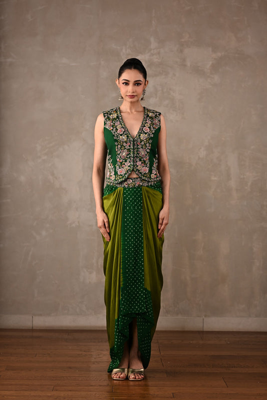 Zardosi Embroidered Top & Bandhej Drape Skirt Set