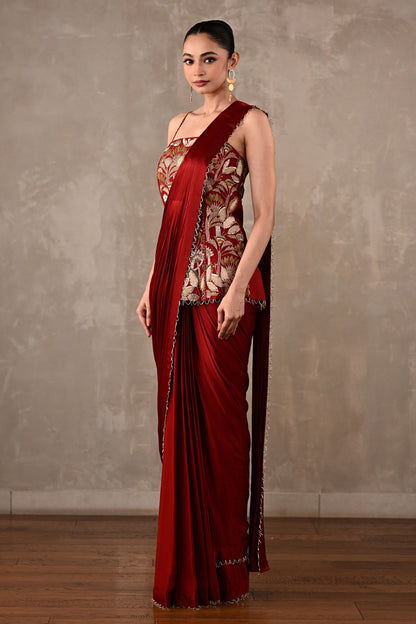 Floral Thread Embroidered Drape Saree Set