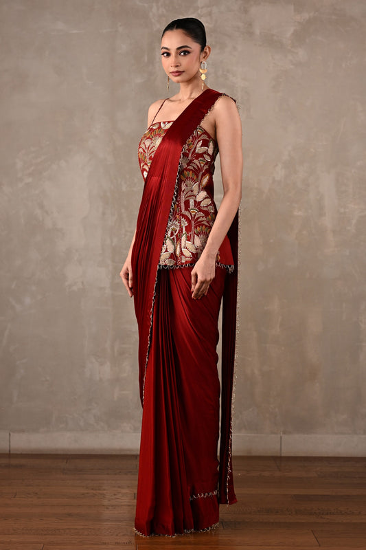Floral Thread Embroidered Drape Saree Set