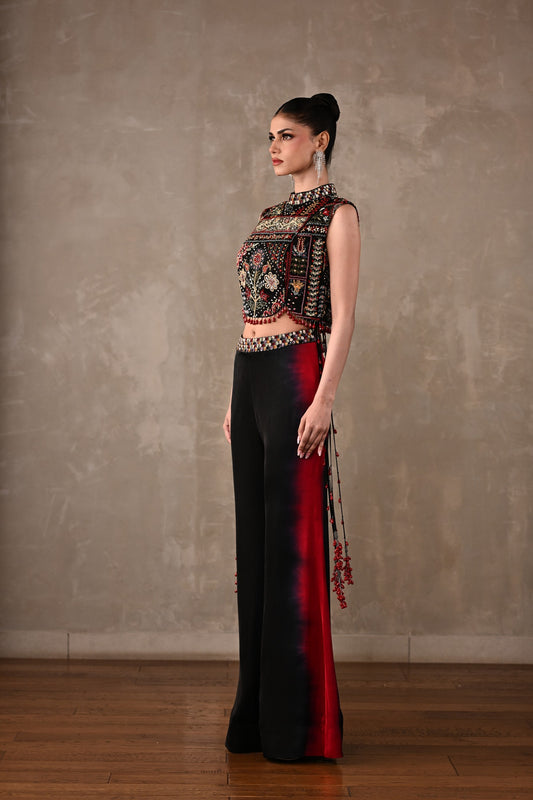 Multicolour Embroidered High-Neck Top & Shaded Pants Set