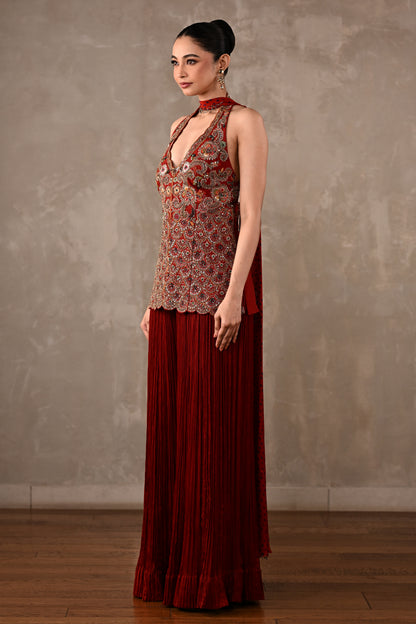 Halter Top with Pleated Pants & Choker Dupatta Set