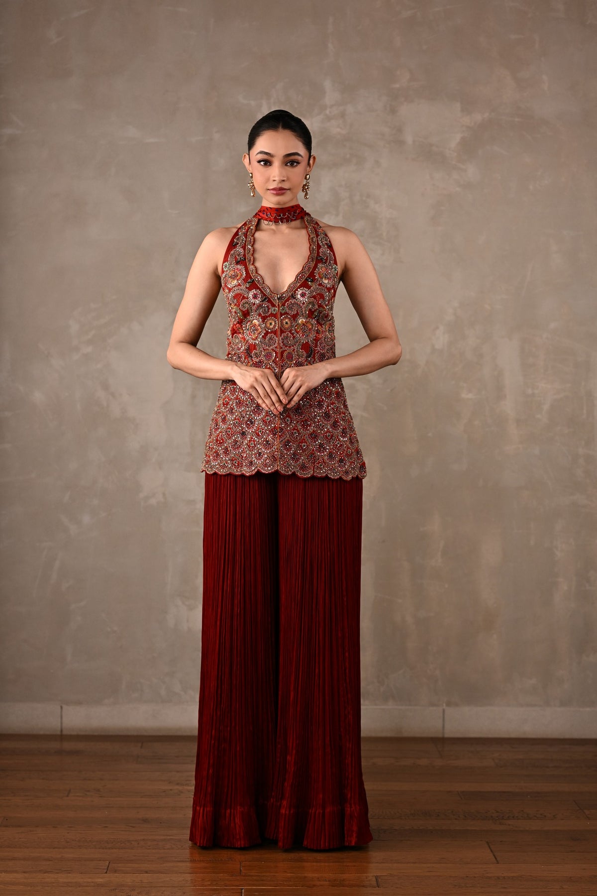 Halter Top with Pleated Pants & Choker Dupatta Set