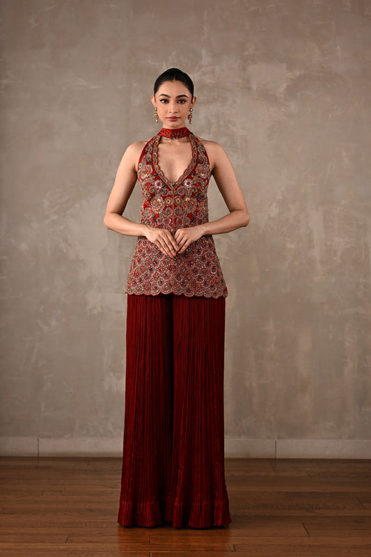 Halter Top with Pleated Pants & Choker Dupatta Set