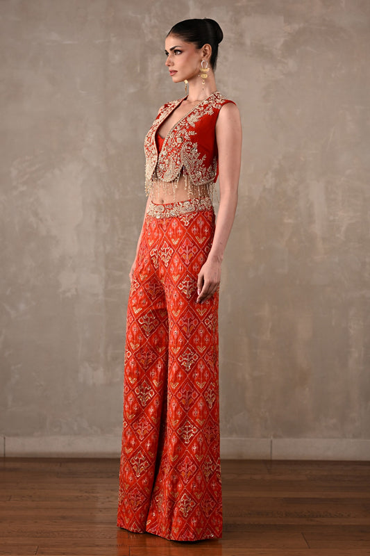 Embellished Silk Waistcoat & Pochampally Pants Set