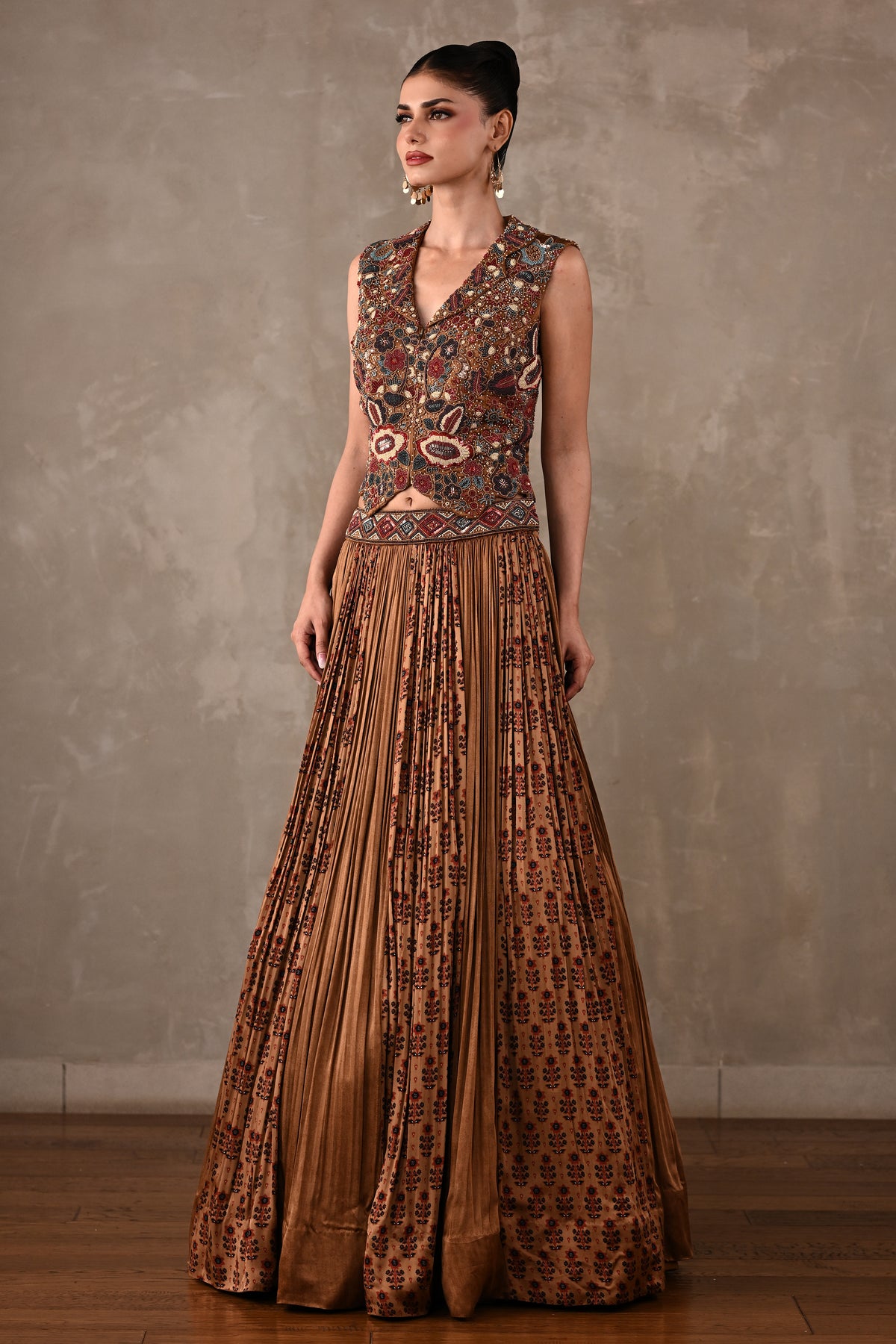 Embroidered Printed Satin Lehenga Set
