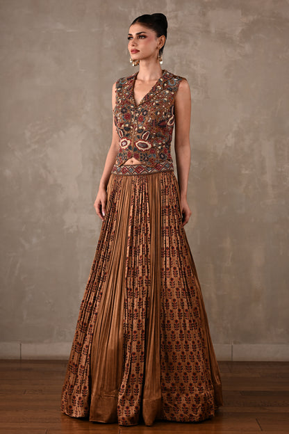 Embroidered Printed Satin Lehenga Set