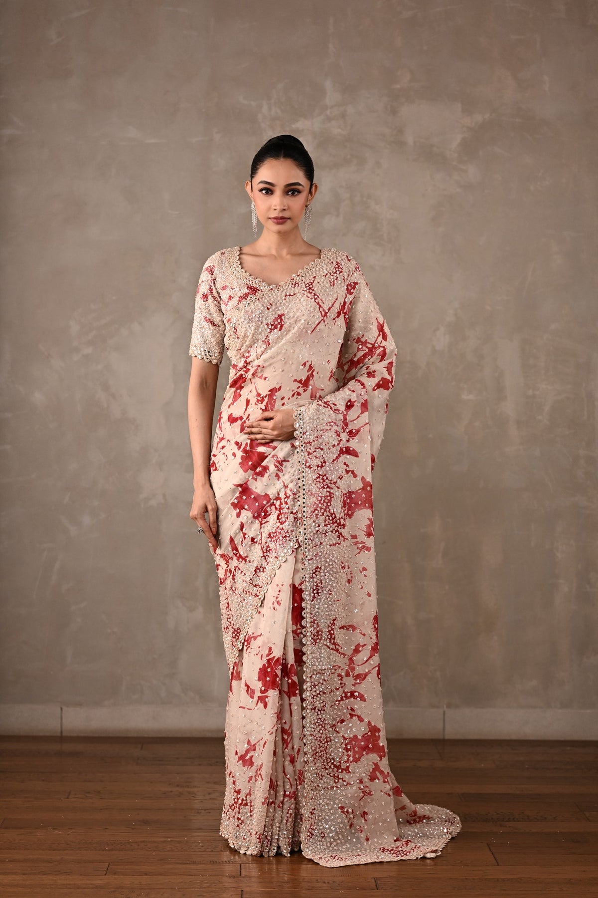 Floral Printed Embellished Saree Set