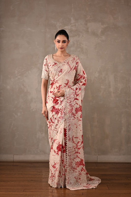 Floral Printed Embellished Saree Set