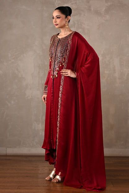 Embellished Satin Chiffon High-Low Kurta Set