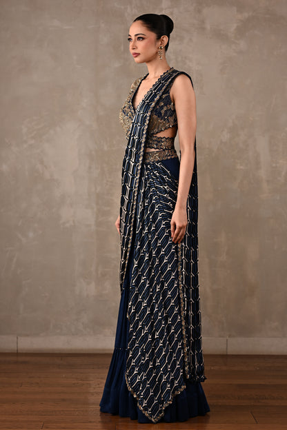 Printed Embroidered Drape Saree Set