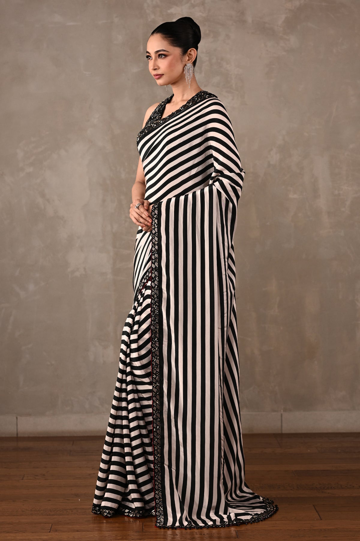 Striped Crepe Saree with Embroidered Blouse