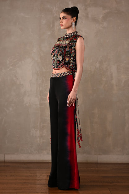 Multicolour Embroidered High-Neck Top & Shaded Pants Set