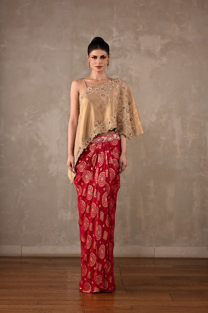 One-Shoulder Embroidered Top & Banarasi Skirt Set