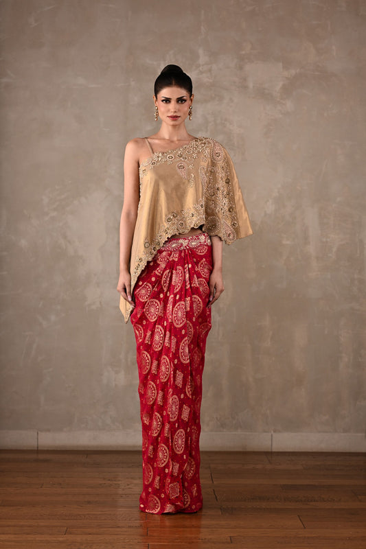 One-Shoulder Embroidered Top & Banarasi Skirt Set