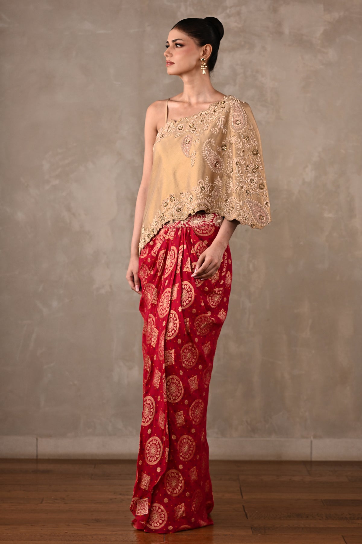 One-Shoulder Embroidered Top & Banarasi Skirt Set