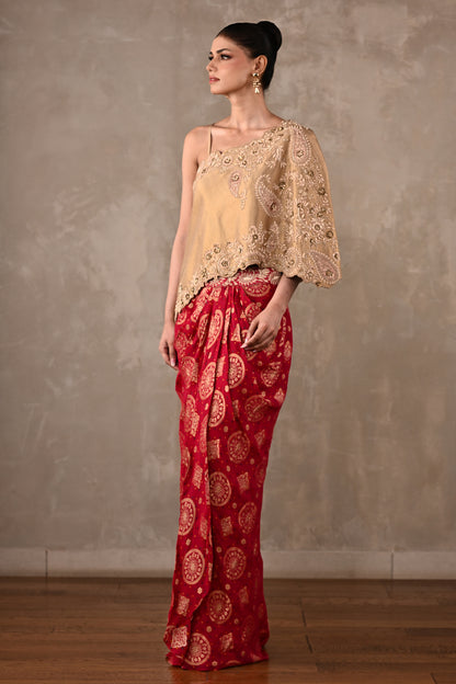 One-Shoulder Embroidered Top & Banarasi Skirt Set