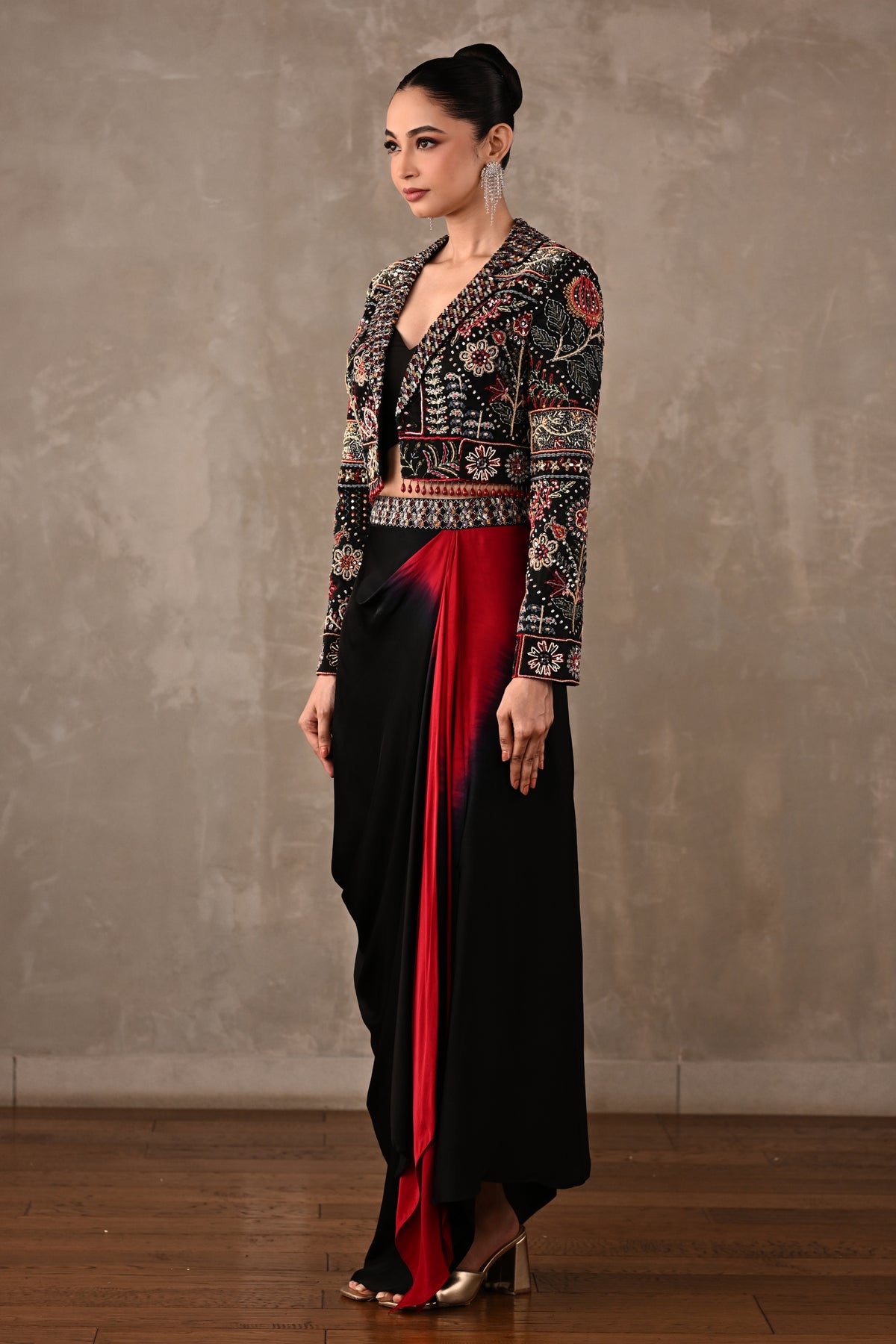 Multicolour Embroidered Cropped Jacket & Skirt Set