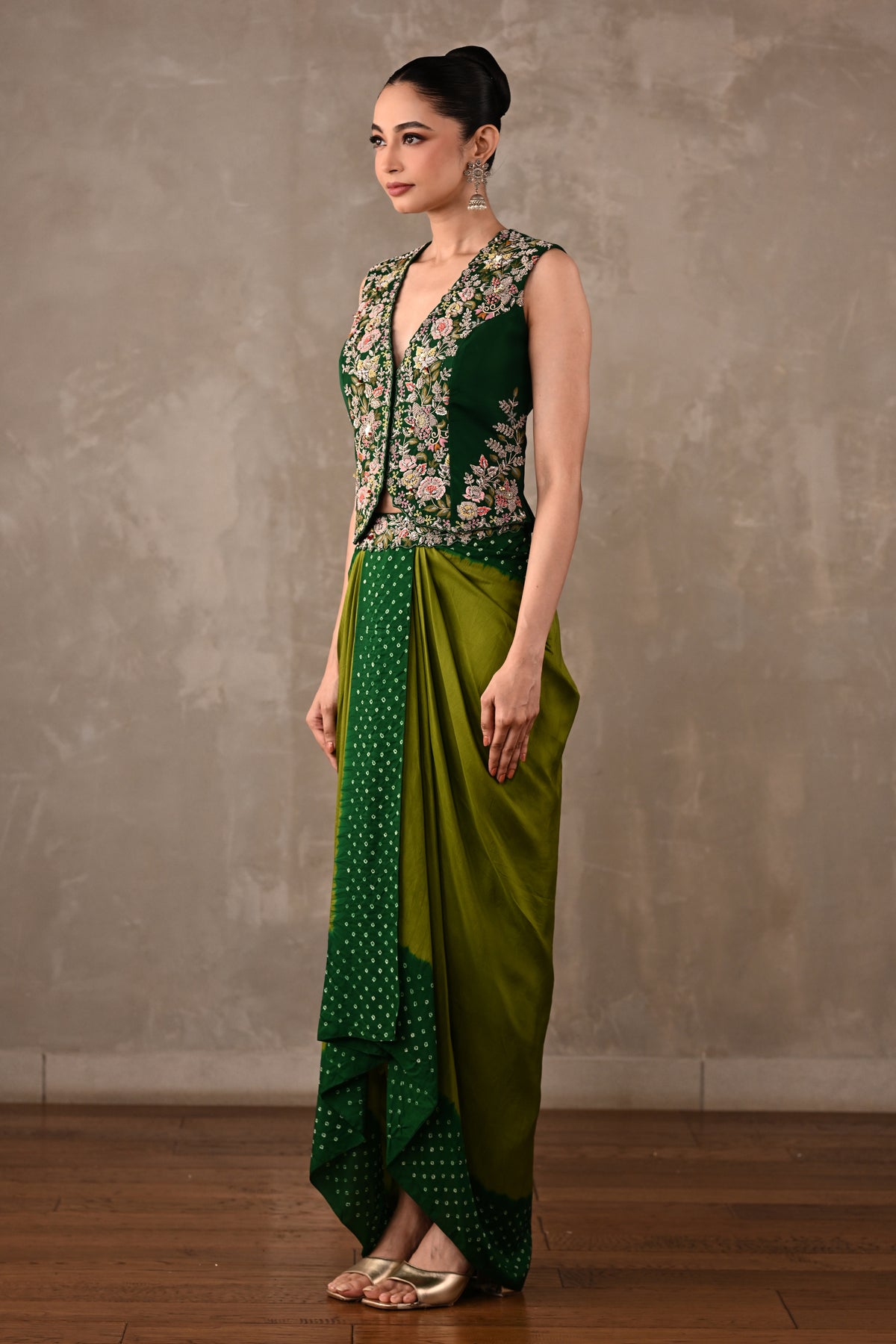 Zardosi Embroidered Top & Bandhej Drape Skirt Set
