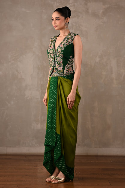 Zardosi Embroidered Top & Bandhej Drape Skirt Set