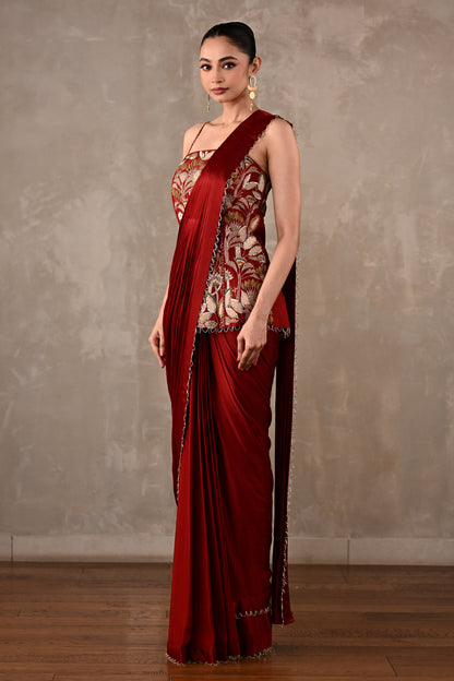 Floral Thread Embroidered Drape Saree Set