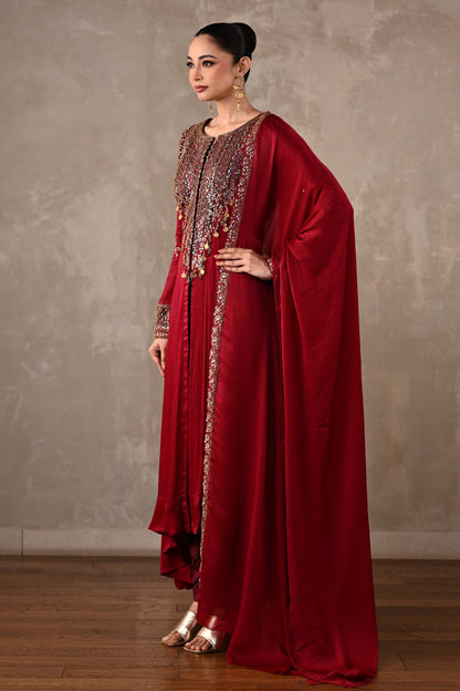 Embellished Satin Chiffon High-Low Kurta Set