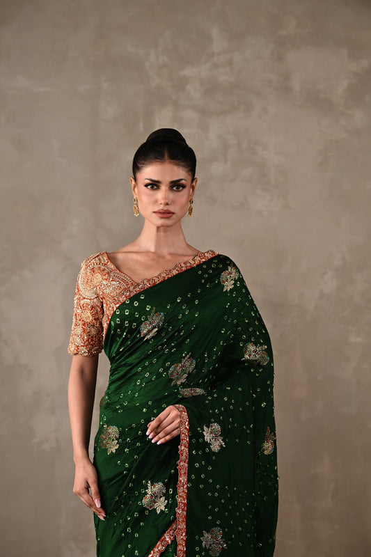 Katan Silk Bandhej Saree with Embroidered Blouse