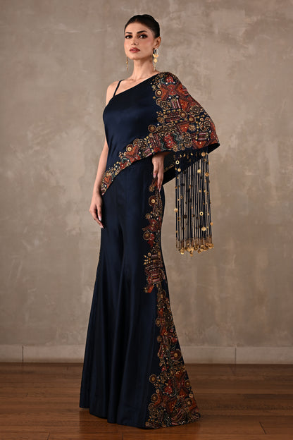 Embellished One-Shoulder Top & Flared Pants Set