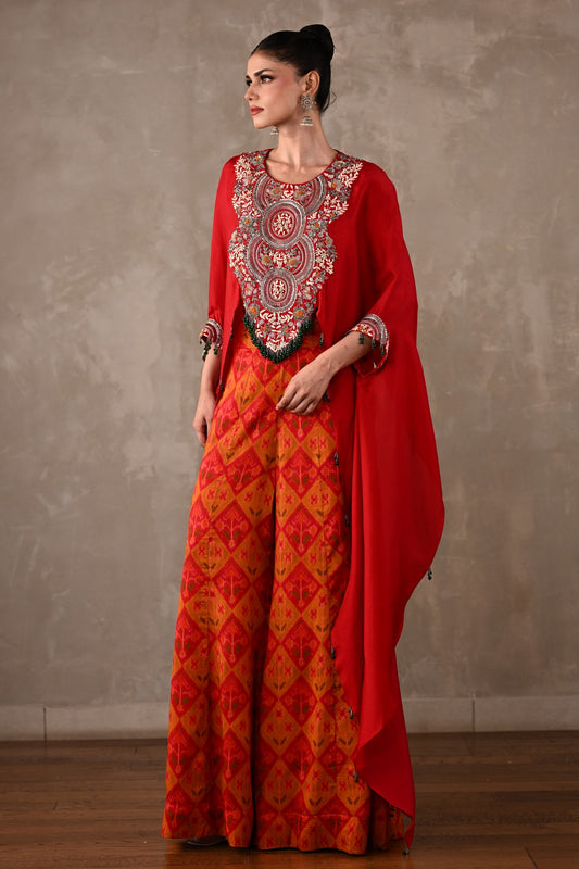 Embroidered Cape Top & Pochampally Pants Set