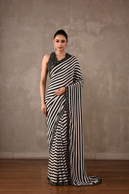 Striped Crepe Saree with Embroidered Blouse