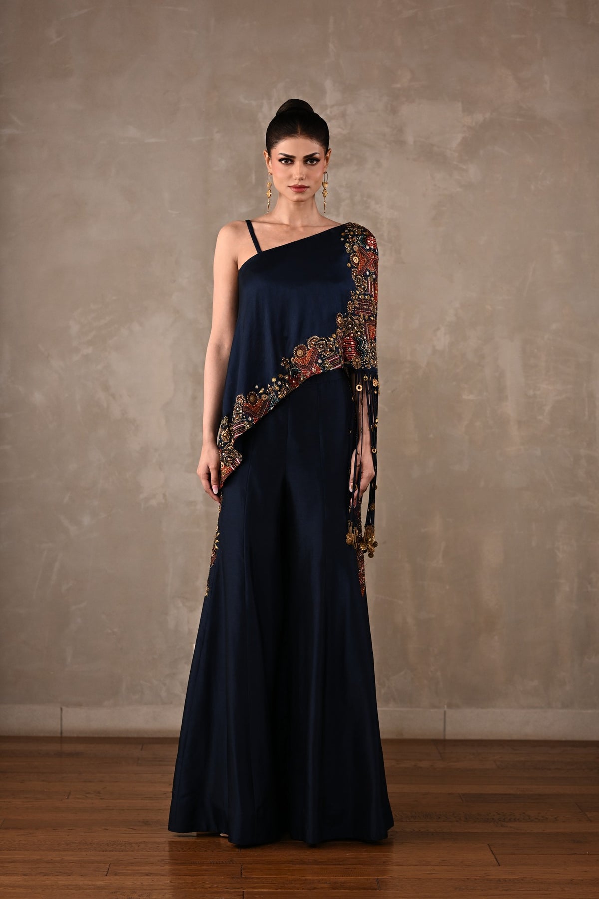 Embellished One-Shoulder Top & Flared Pants Set