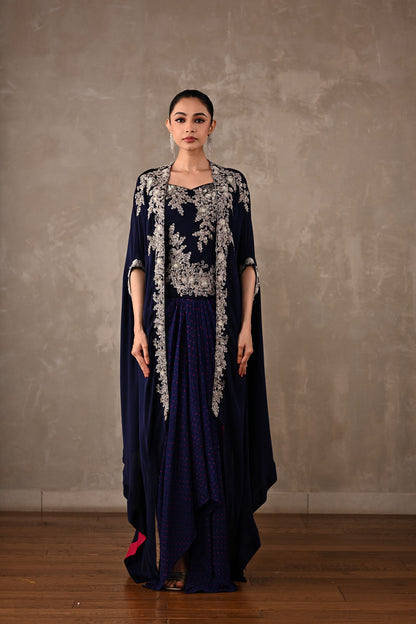 Zardosi Embroidered Cape & Bandhej Drape Skirt Set