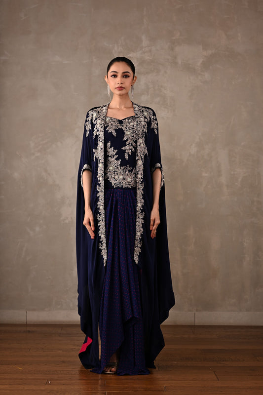 Zardosi Embroidered Cape & Bandhej Drape Skirt Set