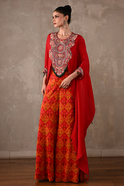 Embroidered Cape Top & Pochampally Pants Set